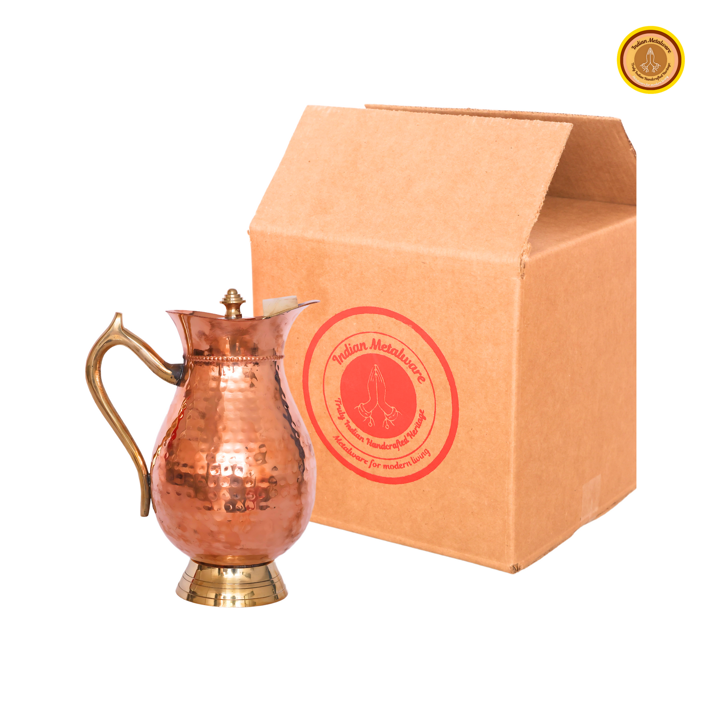 Copper water jug with lid and brass handle