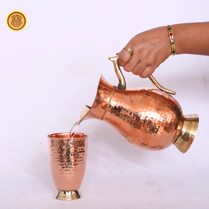 Copper water jug with lid and brass handle