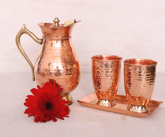 Set of copper jug, glasses, and tray by Indian Metalware
