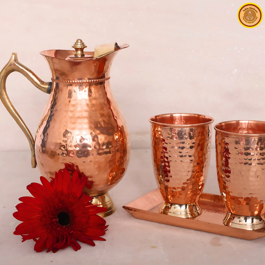 Combo of copper jug and 2 copper glasses with copper tray