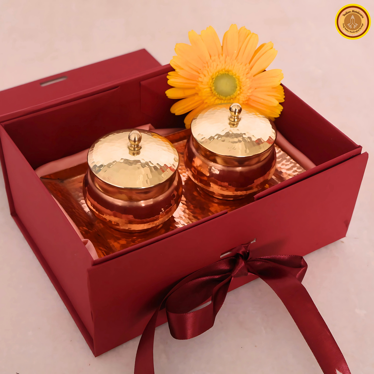 Copper saunf dani (fennel seeds) with tray and brass lid