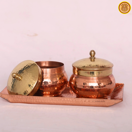 Copper saunf dani (fennel seeds) with tray and brass lid