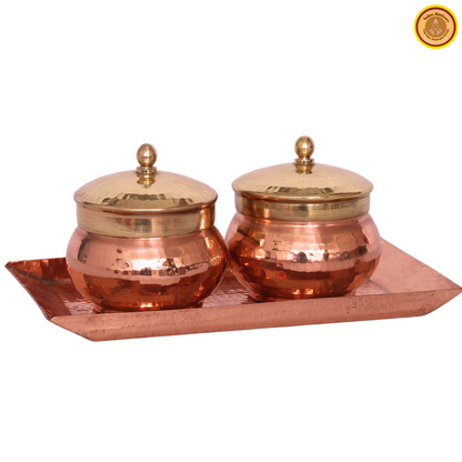 Copper saunf dani (fennel seeds) with tray and brass lid