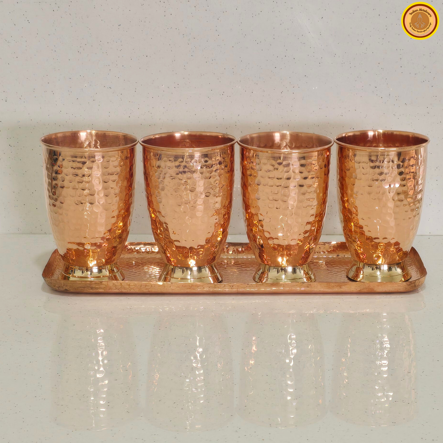 Copper jug, glasses and copper tray set