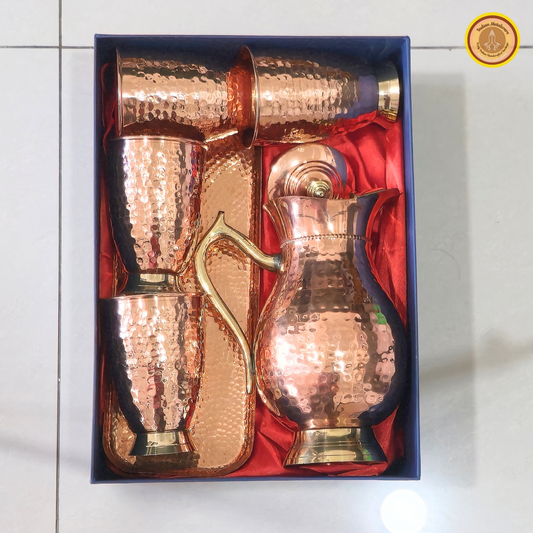 Copper jug, glasses and copper tray set