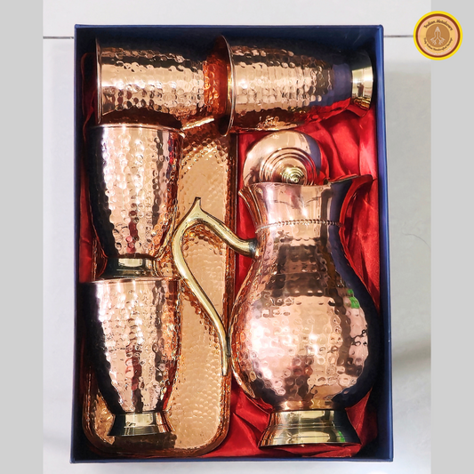 Copper jug, glasses and copper tray set