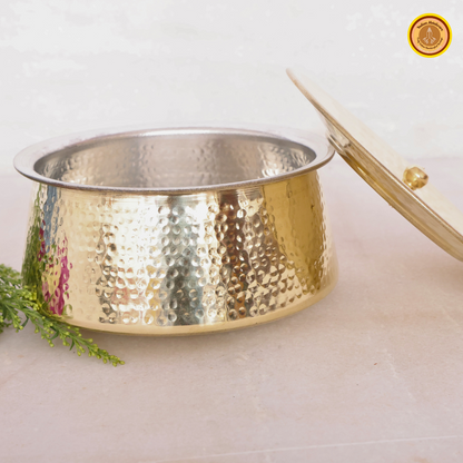 Saucepan (Handi) - hammered brass and tin coated (kalai) with brass lid. big