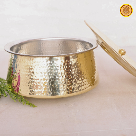 Saucepan (Handi) - hammered brass and tin coated (kalai) with brass lid. big